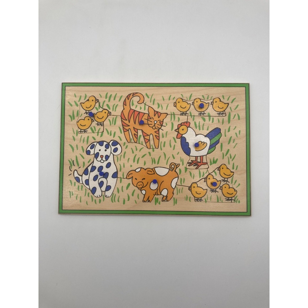 Vintage 1995 IKEA Lurig Wooden Peg Knob Puzzle Farm Animals 7 Piece Complete